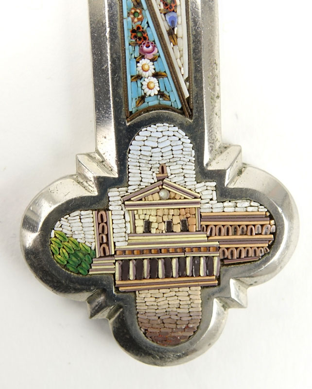 Antique Italian Silvered Bronze Micro Mosaic Crucifix Cross. Micro tiles showing the Vatican with applied brass Corpus.