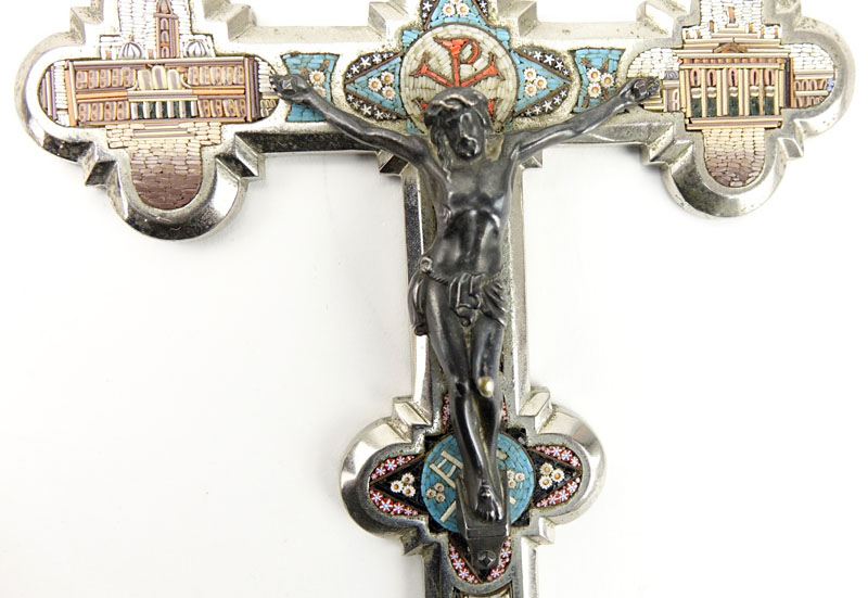 Antique Italian Silvered Bronze Micro Mosaic Crucifix Cross. Micro tiles showing the Vatican with applied brass Corpus.