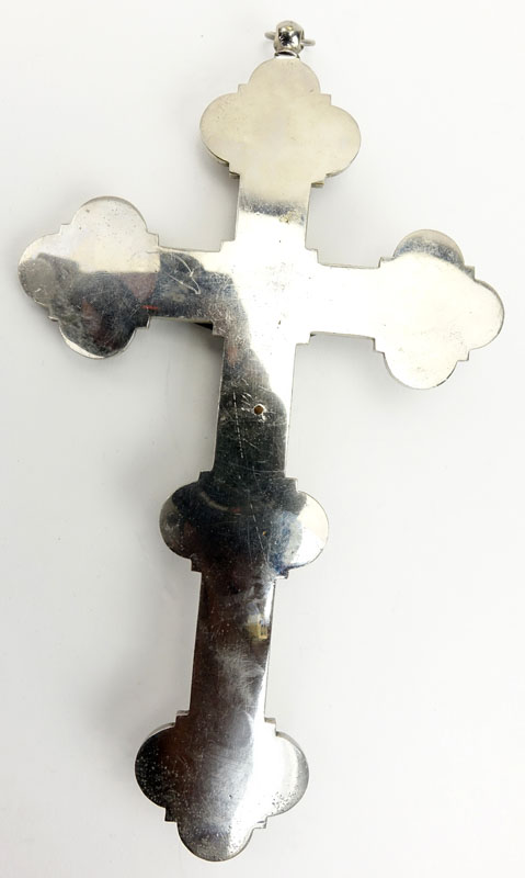 Antique Italian Silvered Bronze Micro Mosaic Crucifix Cross. Micro tiles showing the Vatican with applied brass Corpus.