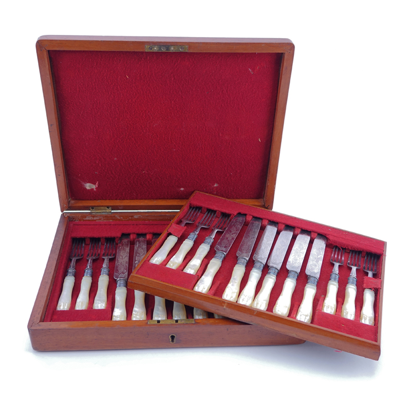 Antique Twenty-Four (24) Piece Silver Plate And Mother Of Pearl Fruit Set In Custom Wood Box.