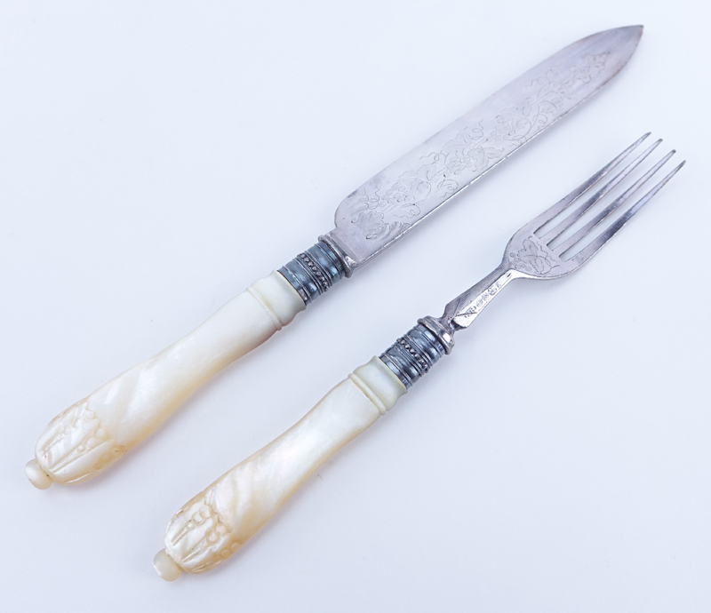 Antique Twenty-Four (24) Piece Silver Plate And Mother Of Pearl Fruit Set In Custom Wood Box.