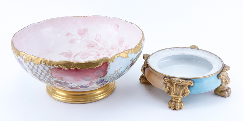 19th Century Hand Painted Limoges Porcelain Bowl On Stand. Decorated with a blackberry motif.