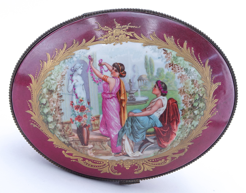 Large Sevres Porcelain Box. Boasts a transferred classical scene on lid. Sevres mark on bottom.