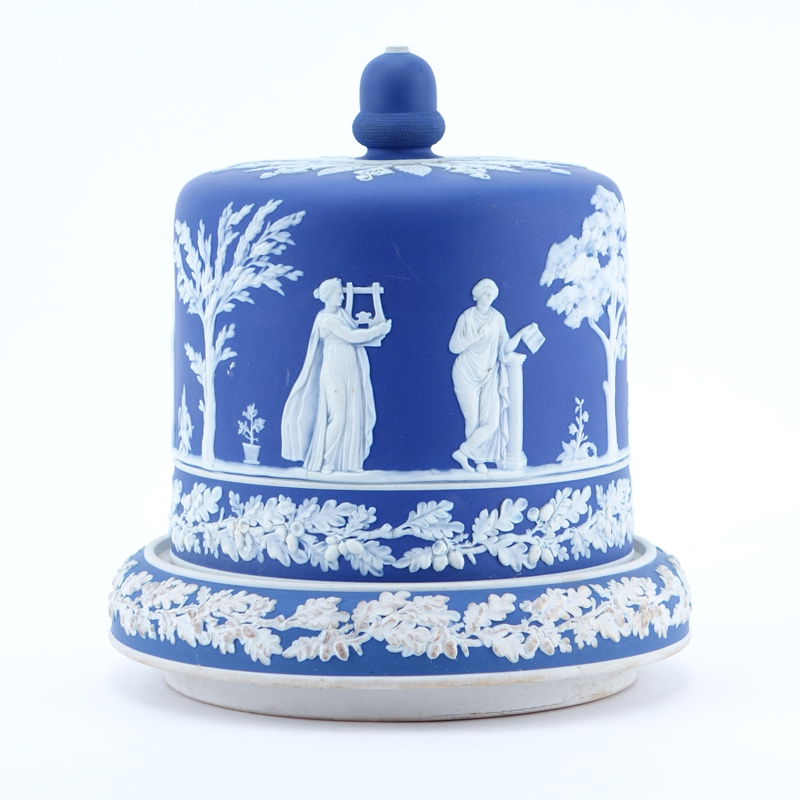 Large Wedgwood Style Blue Jasperware Cheese Stand With Cover.