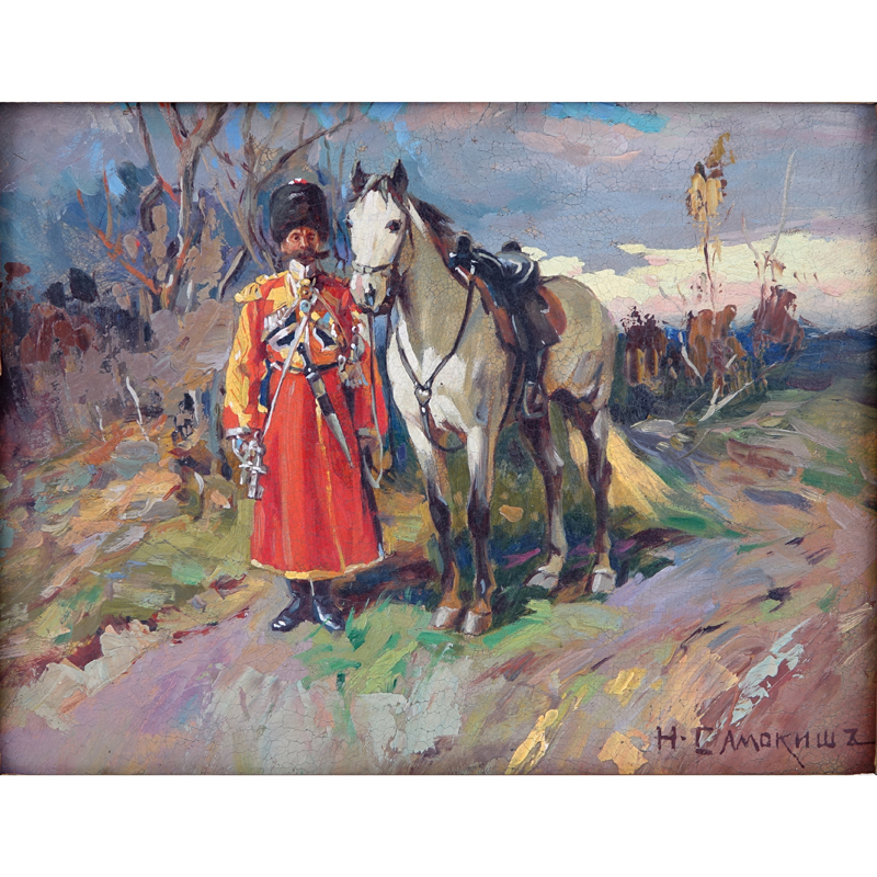 After: Nicolai Semenovich Samokich, Russian (1860 - 1944) Oil on board "Cossack Soldier". Signed in Cyrillic lower right. 