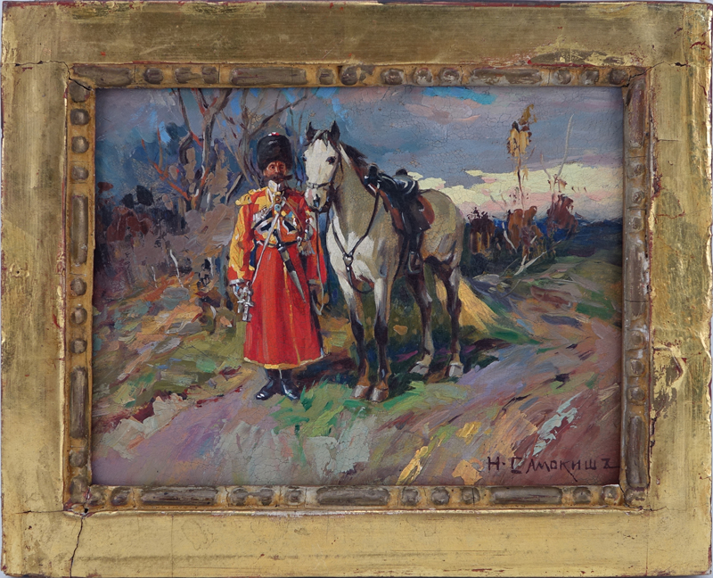 After: Nicolai Semenovich Samokich, Russian (1860 - 1944) Oil on board "Cossack Soldier". Signed in Cyrillic lower right. 