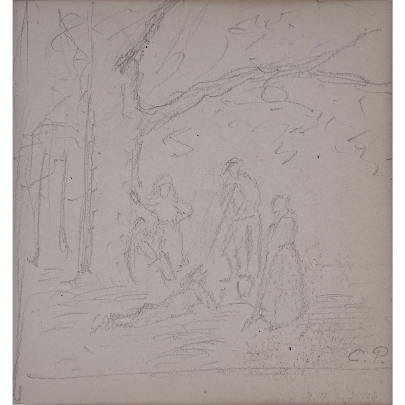 19th Century French School Double Sided Pencil Sketch On Paper. "Figures Under A Tree" on one side "Man With Wheelbarrow" on obverse side. Initialed CP lower right. 