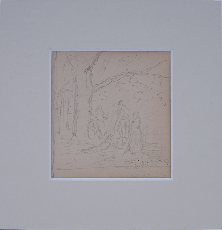 19th Century French School Double Sided Pencil Sketch On Paper. "Figures Under A Tree" on one side "Man With Wheelbarrow" on obverse side. Initialed CP lower right. 
