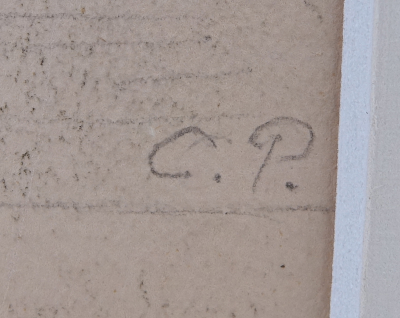 19th Century French School Double Sided Pencil Sketch On Paper. "Figures Under A Tree" on one side "Man With Wheelbarrow" on obverse side. Initialed CP lower right. 
