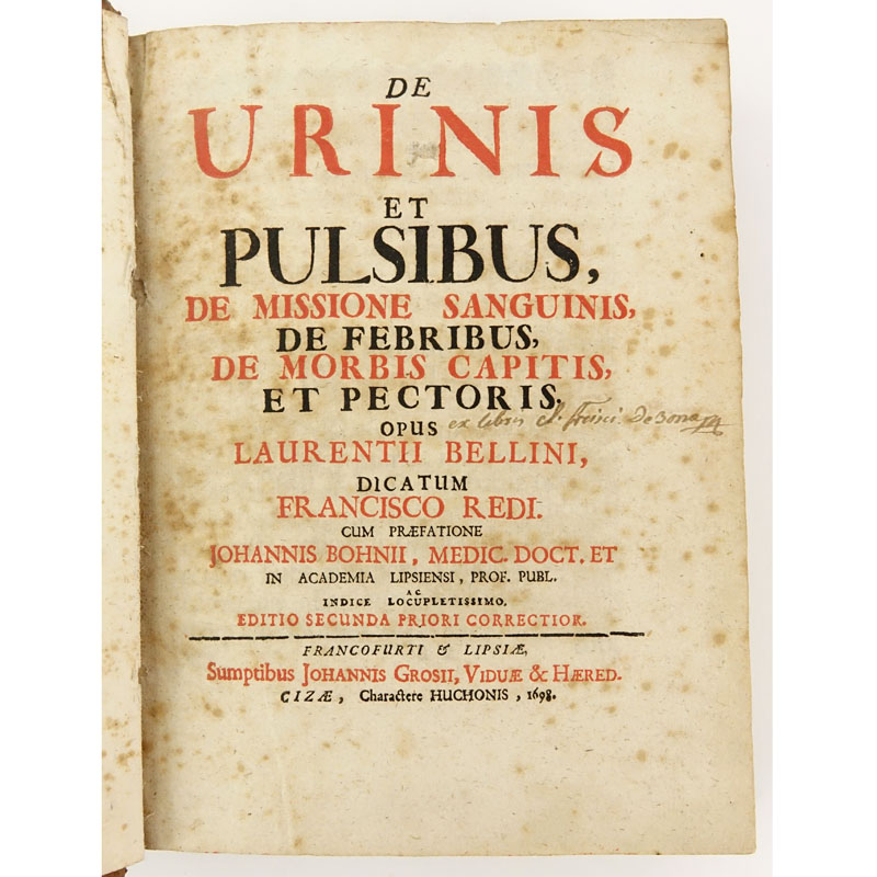 17th Century Book - Lorenzo Bellini "De urinis et pulsibus" IN-4. Published 1698 - Johannis Grossi. 