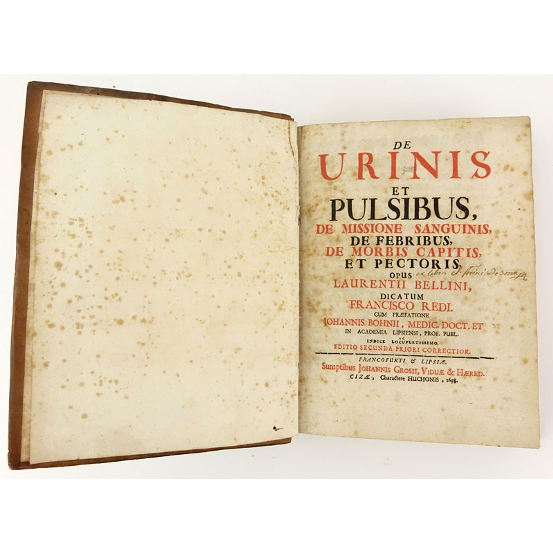 17th Century Book - Lorenzo Bellini "De urinis et pulsibus" IN-4. Published 1698 - Johannis Grossi. 