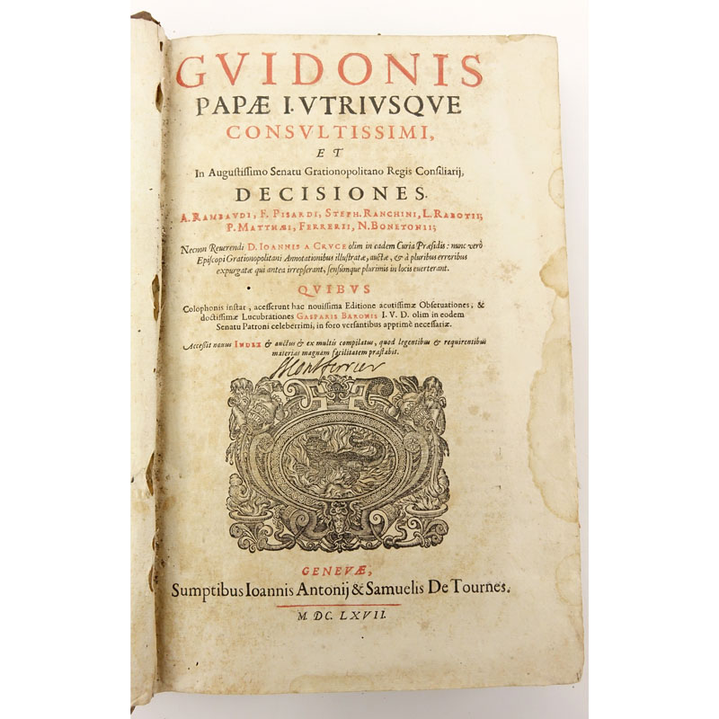 17th Century Book - Guy Pape "Decisiones", IN-4. Published 1667 -  Samuel De Tournes. Fair condition with wear commensurate with age. 