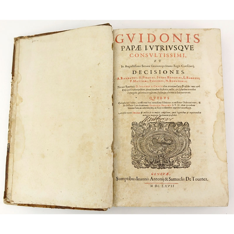 17th Century Book - Guy Pape "Decisiones", IN-4. Published 1667 -  Samuel De Tournes. Fair condition with wear commensurate with age. 