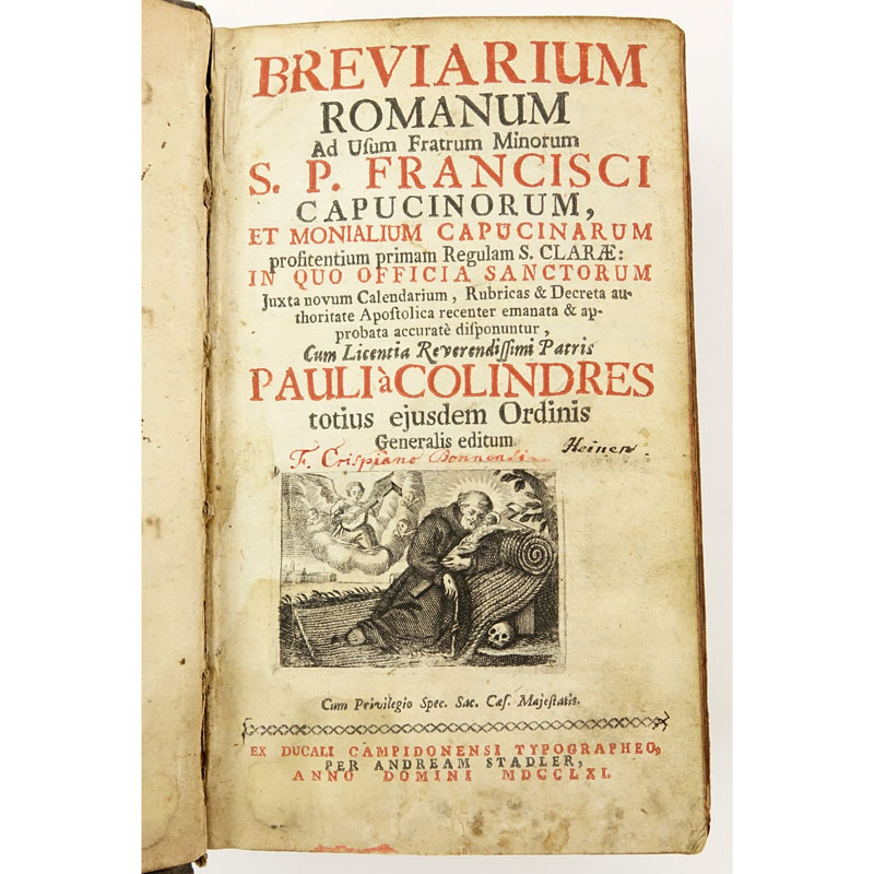 18th Century Book - "Breviarium Romanum"  Francisci Capucinorum. IN-12. Published 1760 -  Andream Stadler. 