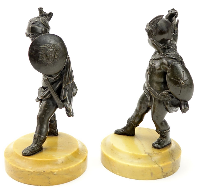 A Pair Of 19/20th Century Bronze "Putti As Roman Gods" Figures On Marble Bases. 