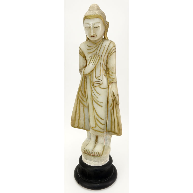 Vintage Thai Carved Alabaster "Guanyin" On Wood Base.