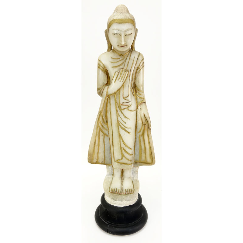 Vintage Thai Carved Alabaster "Guanyin" On Wood Base.