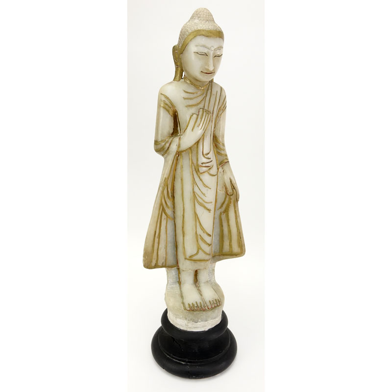 Vintage Thai Carved Alabaster "Guanyin" On Wood Base.