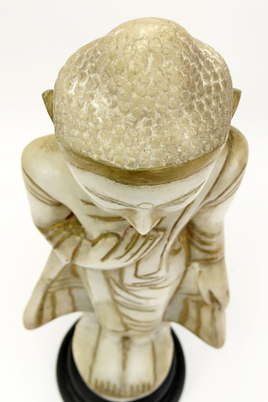 Vintage Thai Carved Alabaster "Guanyin" On Wood Base.