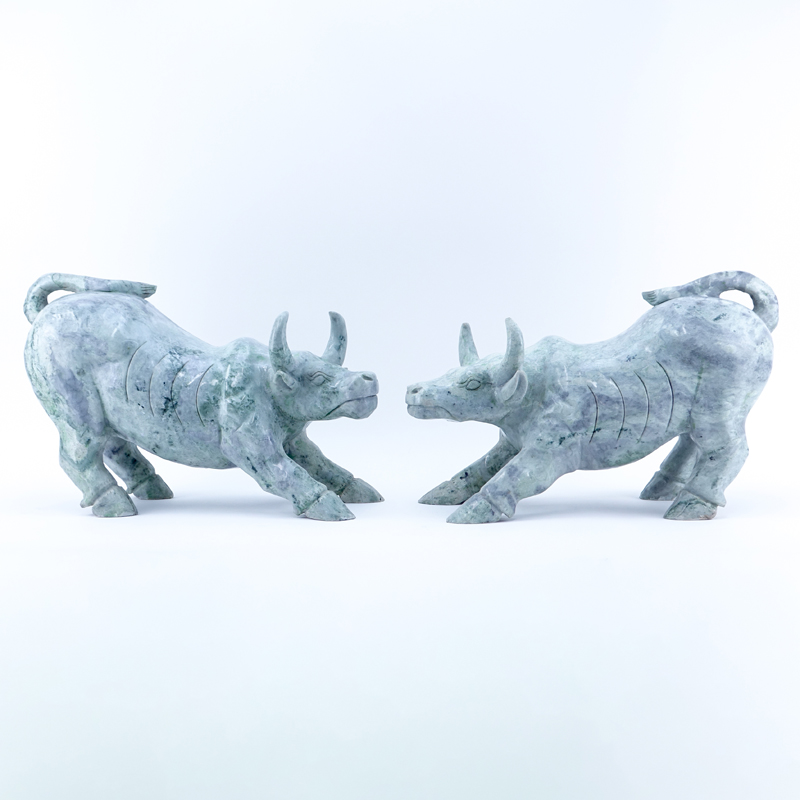 Large Pair of Chinese Jade Carved Water Buffalo Sculptures.