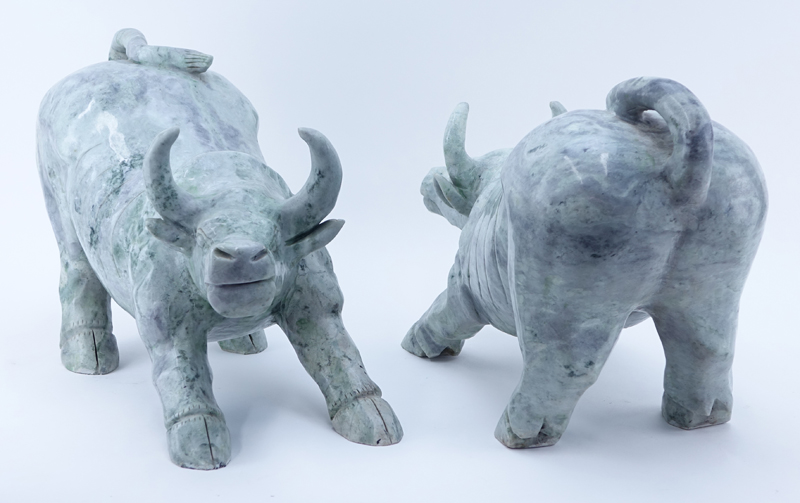 Large Pair of Chinese Jade Carved Water Buffalo Sculptures.