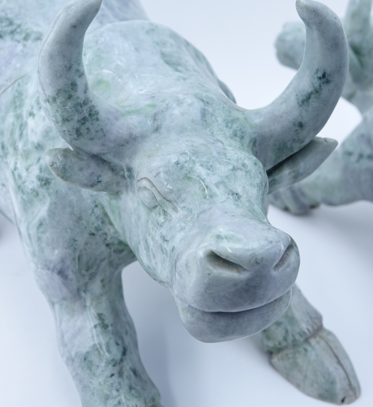 Large Pair of Chinese Jade Carved Water Buffalo Sculptures.