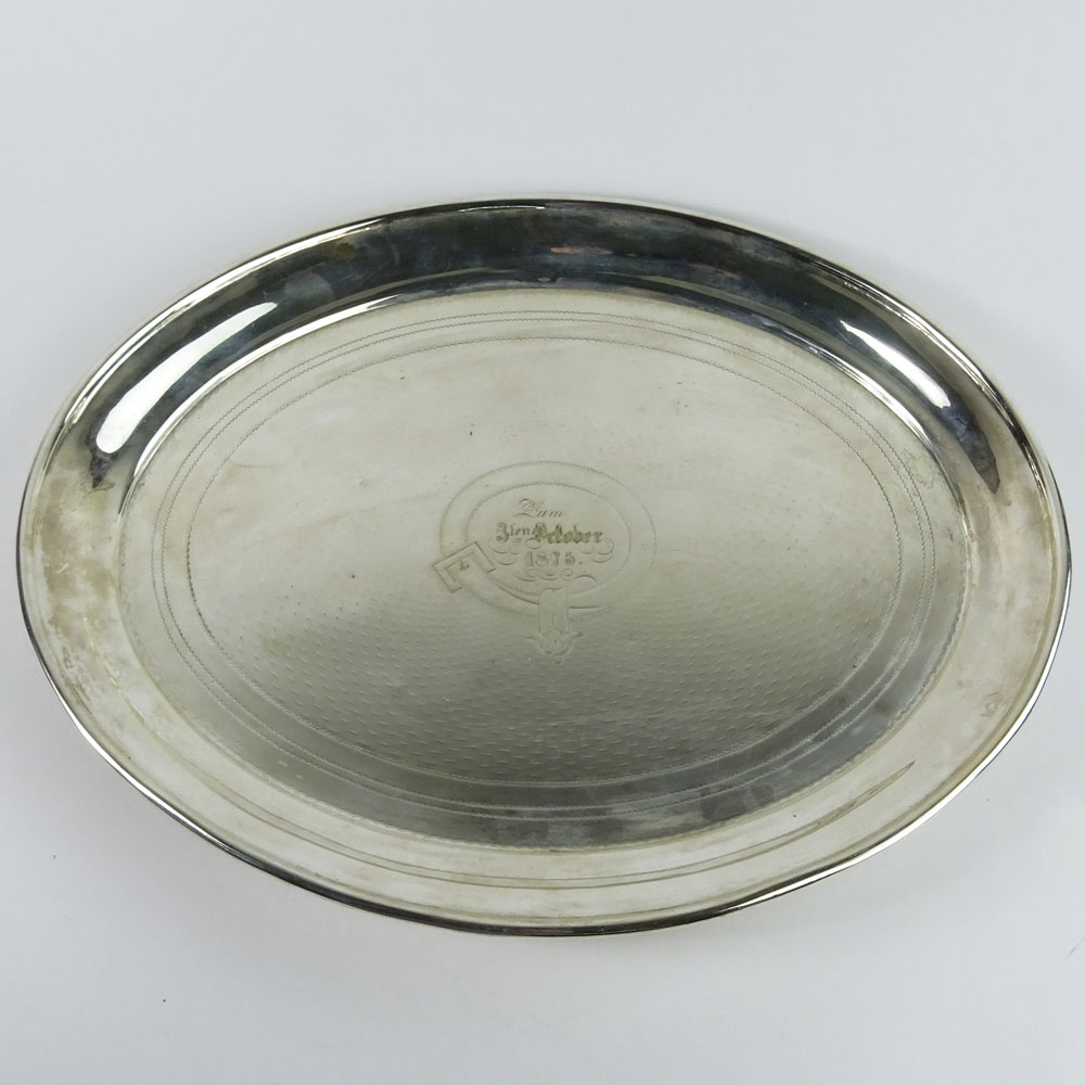 19th Century German Silver Plate Oval Tray. Inscribed with date 1875.