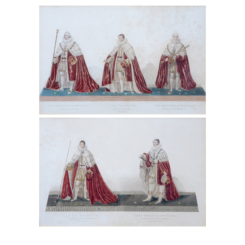 Two (2) Vintage Color Prints. Framed under glass. "The Marquess of Salisbury, carrying St. Edward's Staff. Lord Calthorpe, carrying the Gold Spurs. 