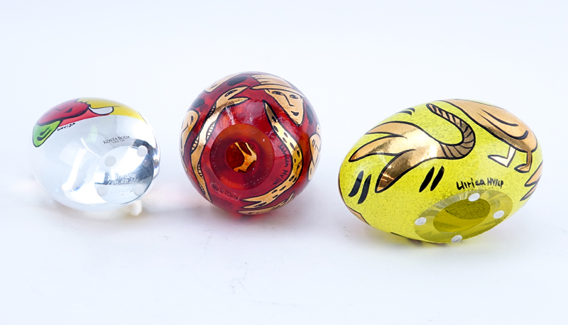 Collection of Three (3) Kosta Boda Egg Shaped Glass and Crystal Paperweights.