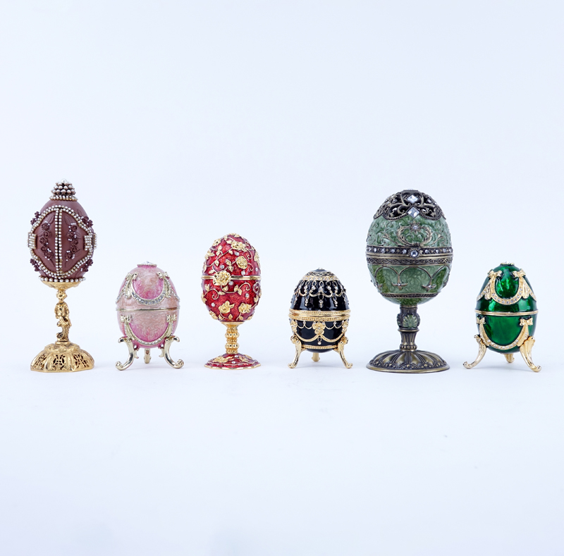 Grouping of Six (6) Faberge Style Egg Shaped Hinged Boxes.