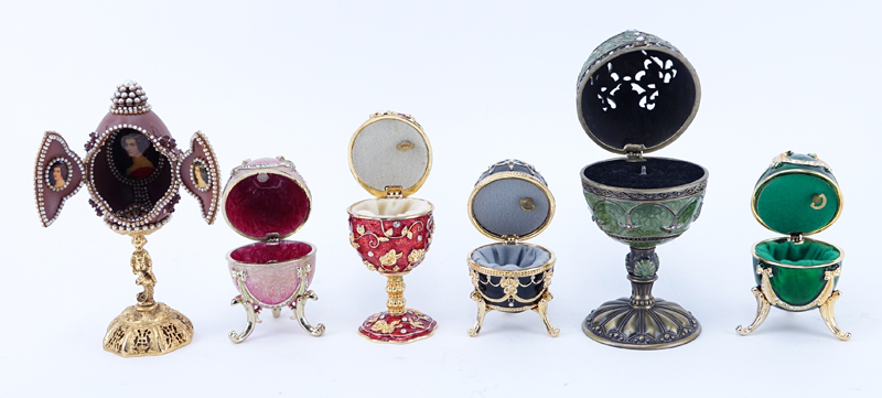 Grouping of Six (6) Faberge Style Egg Shaped Hinged Boxes.