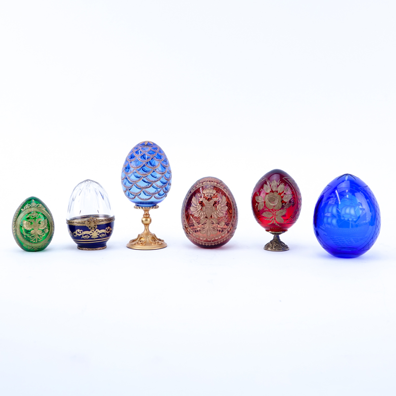 Grouping of Six (6) Russian Glass Egg Shape Tableware. Mostly gilt and engraved, one is glass and porcelain. 