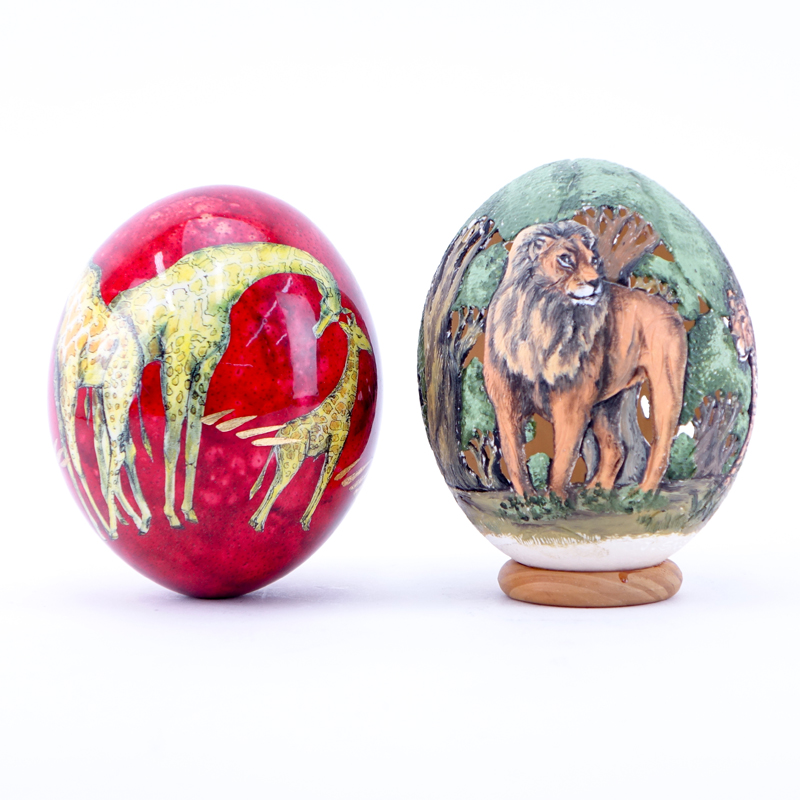 Grouping of Two (2) Painted Ostrich Eggs.