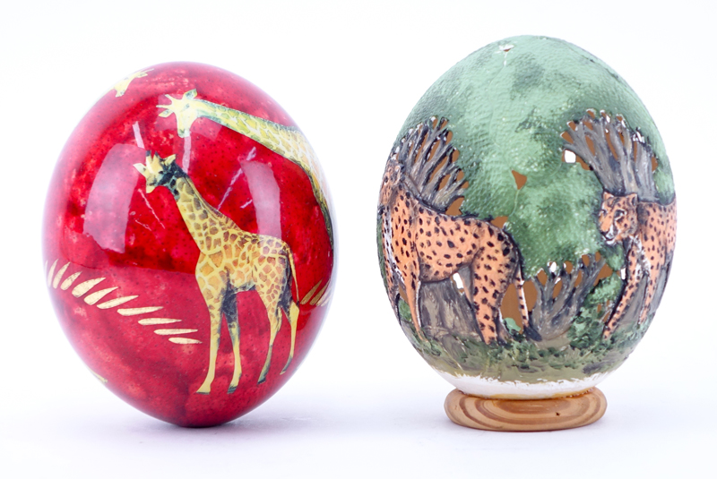 Grouping of Two (2) Painted Ostrich Eggs.