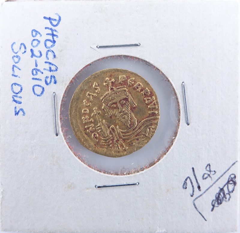 Byzantine Empire: Emperor Flavius Phocas Augustus (A.D. 602-610) Gold Solidus in Coin Display.