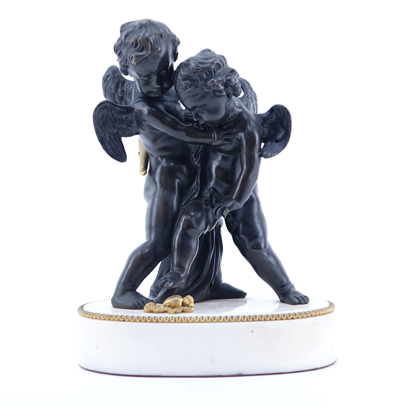 A French Bronze Group Of Two Putti Fighting Over A Heart. After: Pigalle, 19th C. Unsigned. 