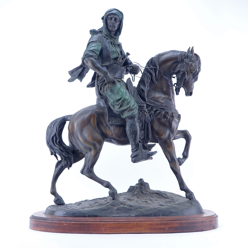 After: Antoine-Louis Barye, French  (1795 - 1875) “Cavalier Arabe” Orientalist Bronze Sculpture on Wooden Plinth. 