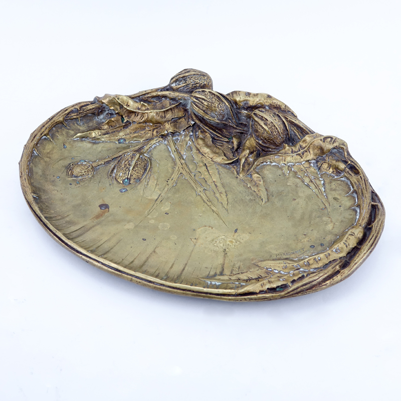 Albert Marionnet, French (1852 - 1910) "Chardons" Art Nouveau Gilt Bronze Dish. Signed.