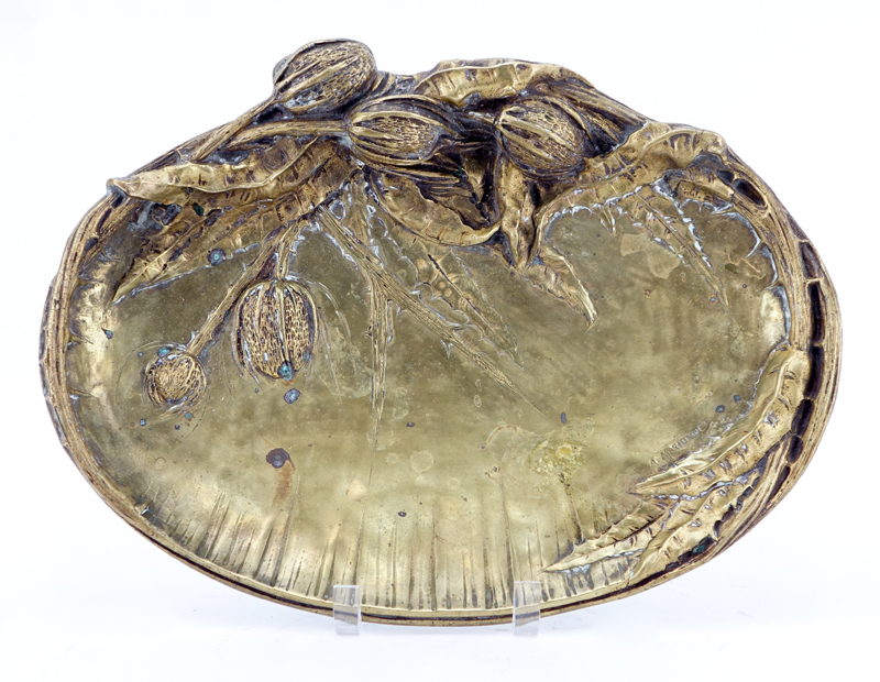 Albert Marionnet, French (1852 - 1910) "Chardons" Art Nouveau Gilt Bronze Dish. Signed.