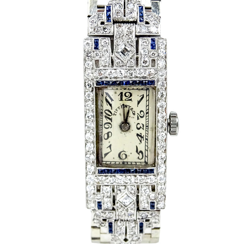 Art Deco Vacheron Constantin for Tiffany & Co Approx. 1.70 Carat Diamond, Sapphire and Platinum Bracelet Watch with Manual Movement. 