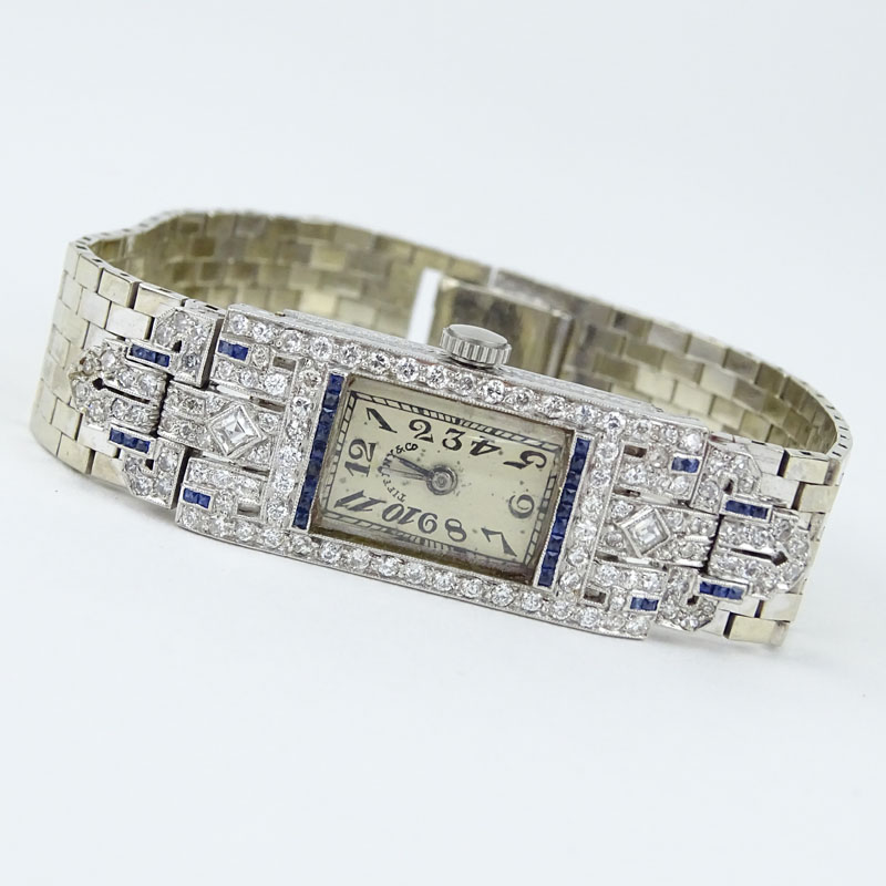 Art Deco Vacheron Constantin for Tiffany & Co Approx. 1.70 Carat Diamond, Sapphire and Platinum Bracelet Watch with Manual Movement. 