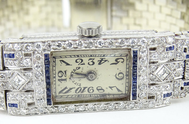 Art Deco Vacheron Constantin for Tiffany & Co Approx. 1.70 Carat Diamond, Sapphire and Platinum Bracelet Watch with Manual Movement. 