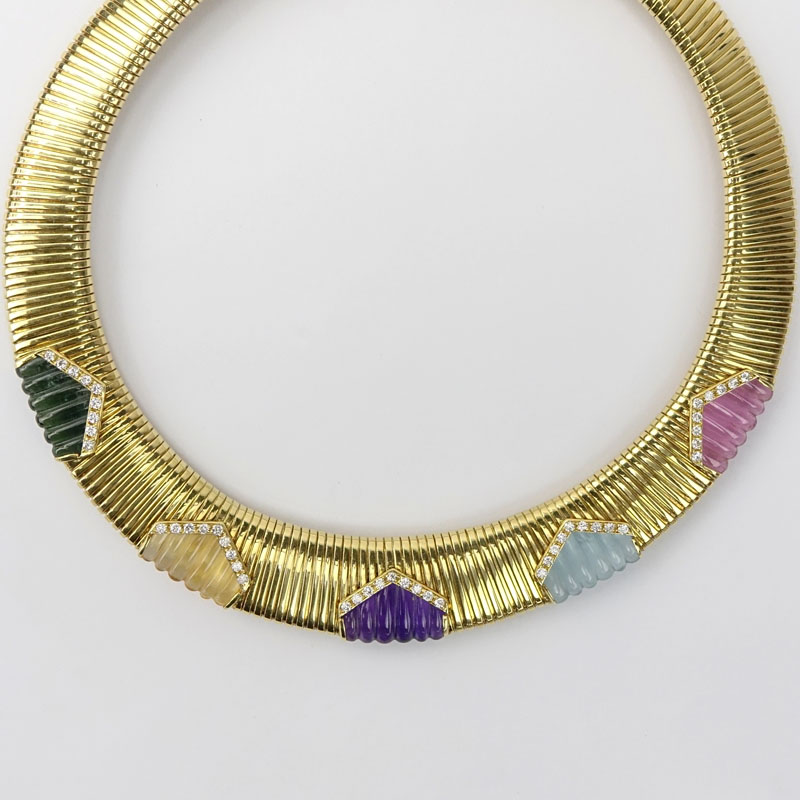 Vintage Cartier 18 Karat Yellow Gold And Carved Multi Gemstone Necklace.