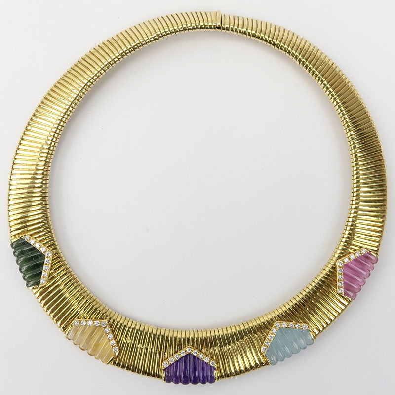 Vintage Cartier 18 Karat Yellow Gold And Carved Multi Gemstone Necklace.