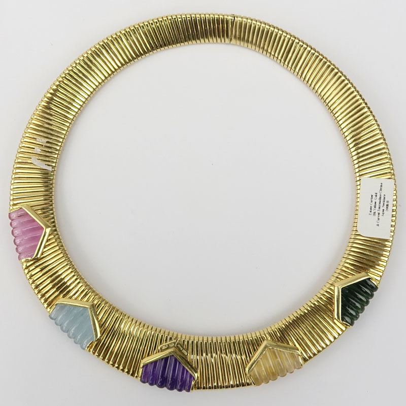 Vintage Cartier 18 Karat Yellow Gold And Carved Multi Gemstone Necklace.