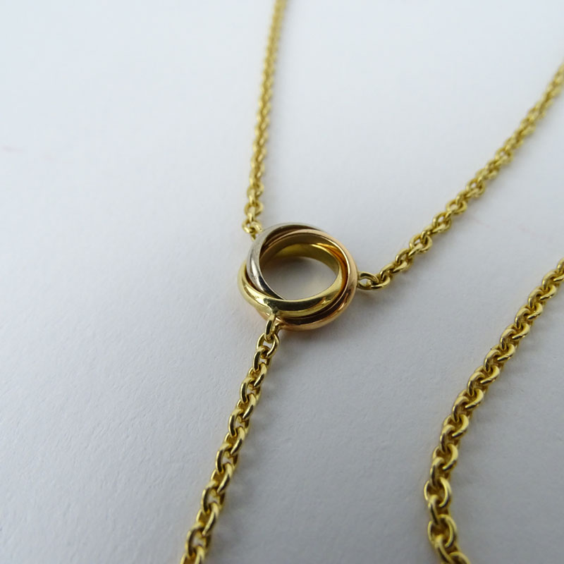 Cartier 18K Gold Mini Ring Love Knot Trinity Pendant Double Lariat Necklace.