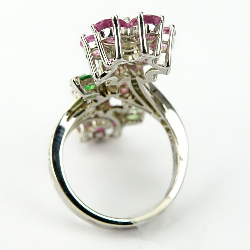 Fine Van Cleef & Arpels 18 Karat White Gold Diamond Pink Sapphire and Tsavorite Garnet Flower Ring.