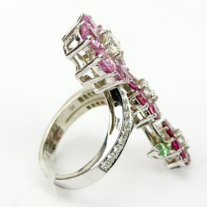 Fine Van Cleef & Arpels 18 Karat White Gold Diamond Pink Sapphire and Tsavorite Garnet Flower Ring.