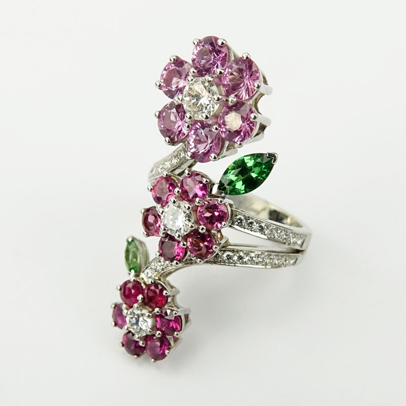 Fine Van Cleef & Arpels 18 Karat White Gold Diamond Pink Sapphire and Tsavorite Garnet Flower Ring.