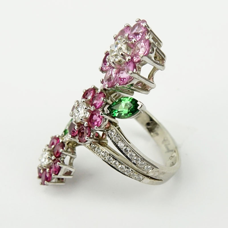 Fine Van Cleef & Arpels 18 Karat White Gold Diamond Pink Sapphire and Tsavorite Garnet Flower Ring.